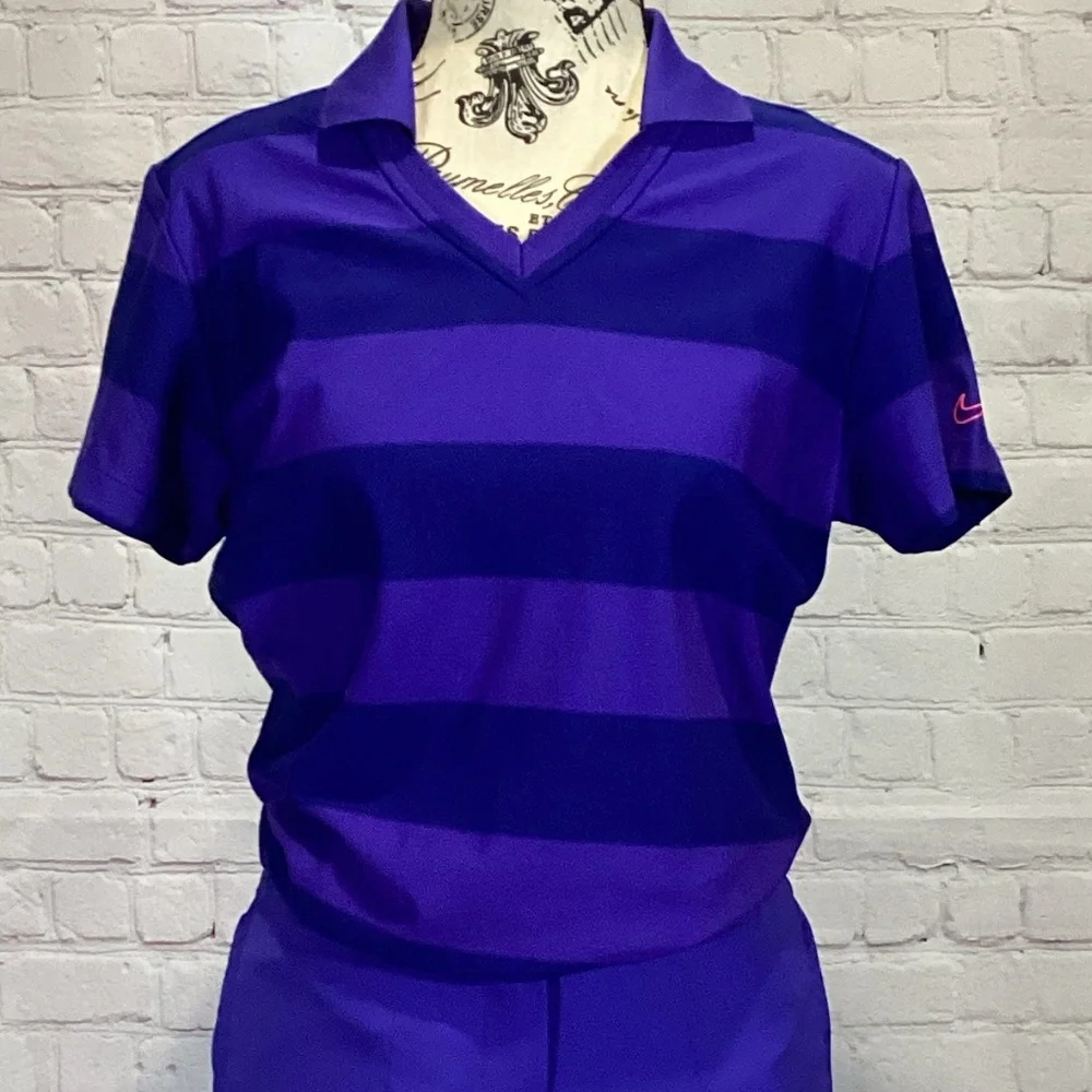 722. Nike Golf Purple Striped Dri-Fit Polo EUC Size M